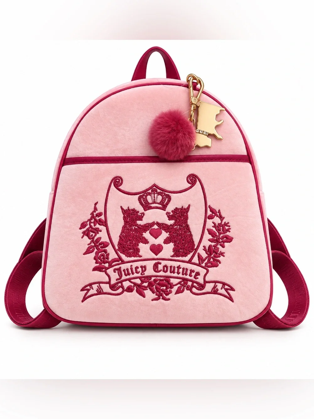 Juicy Couture Pink Velour Backpack Dog Crest Pom Pom Y2K Bag